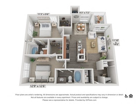 Floor plan for 2 beds, 2 baths, 1116 sqft